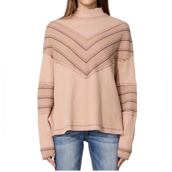 Miss Me Salmon Pink Purple Boho Hippie Retro Chevron Long Sleeve Mock Neck Top - Picture 1 of 10